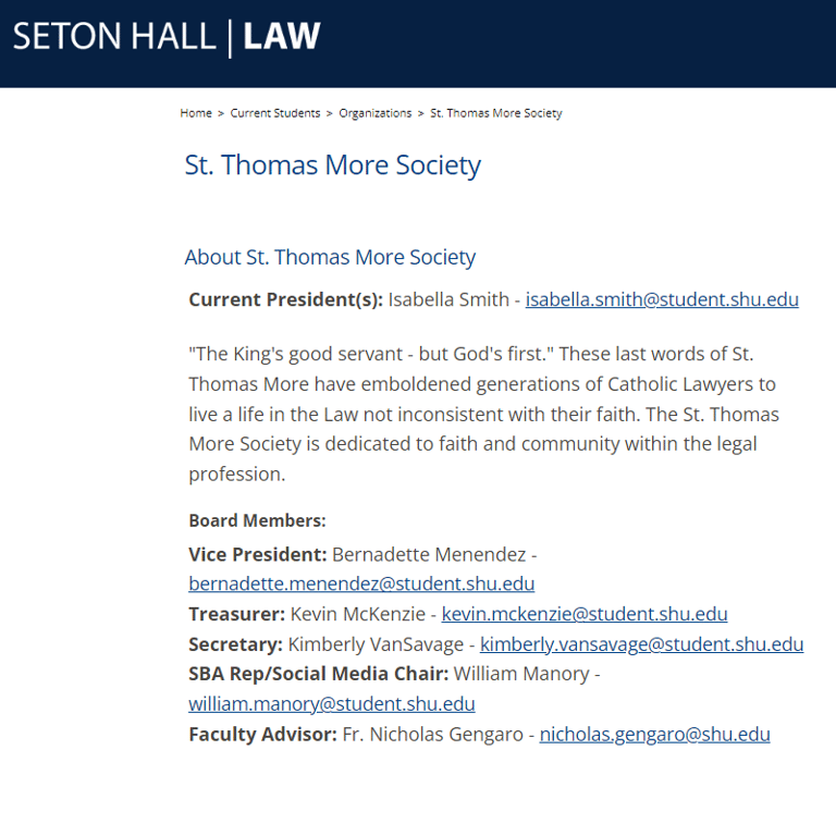 Catholic Organization in USA - Seton Hall Law St. Thomas More Society